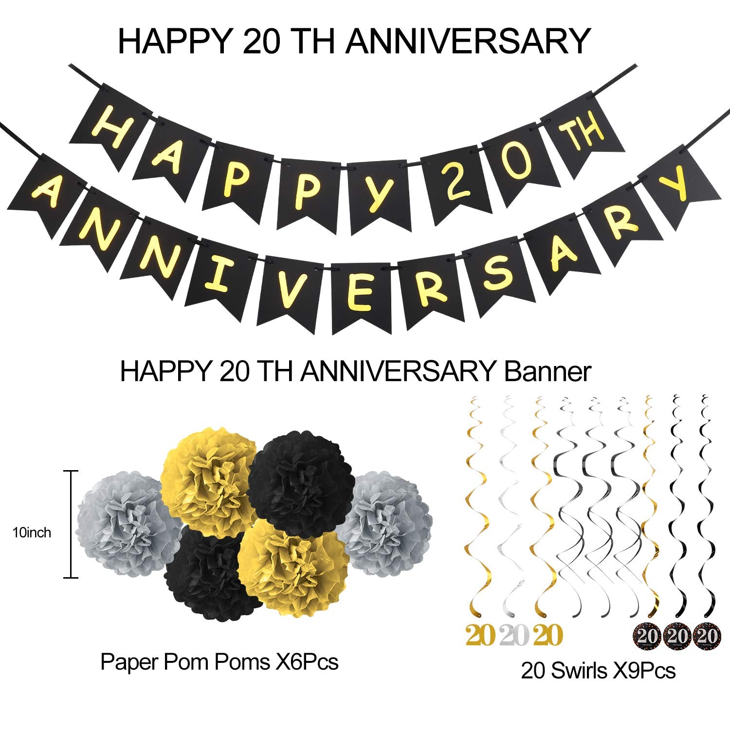 Yoaokiy 20Th Anniversary Decorations Supplies Kit - Including Glitter Happy 20Th Anniversary Banner, 9Pcs Hanging Swirl, 6Pcs Po
